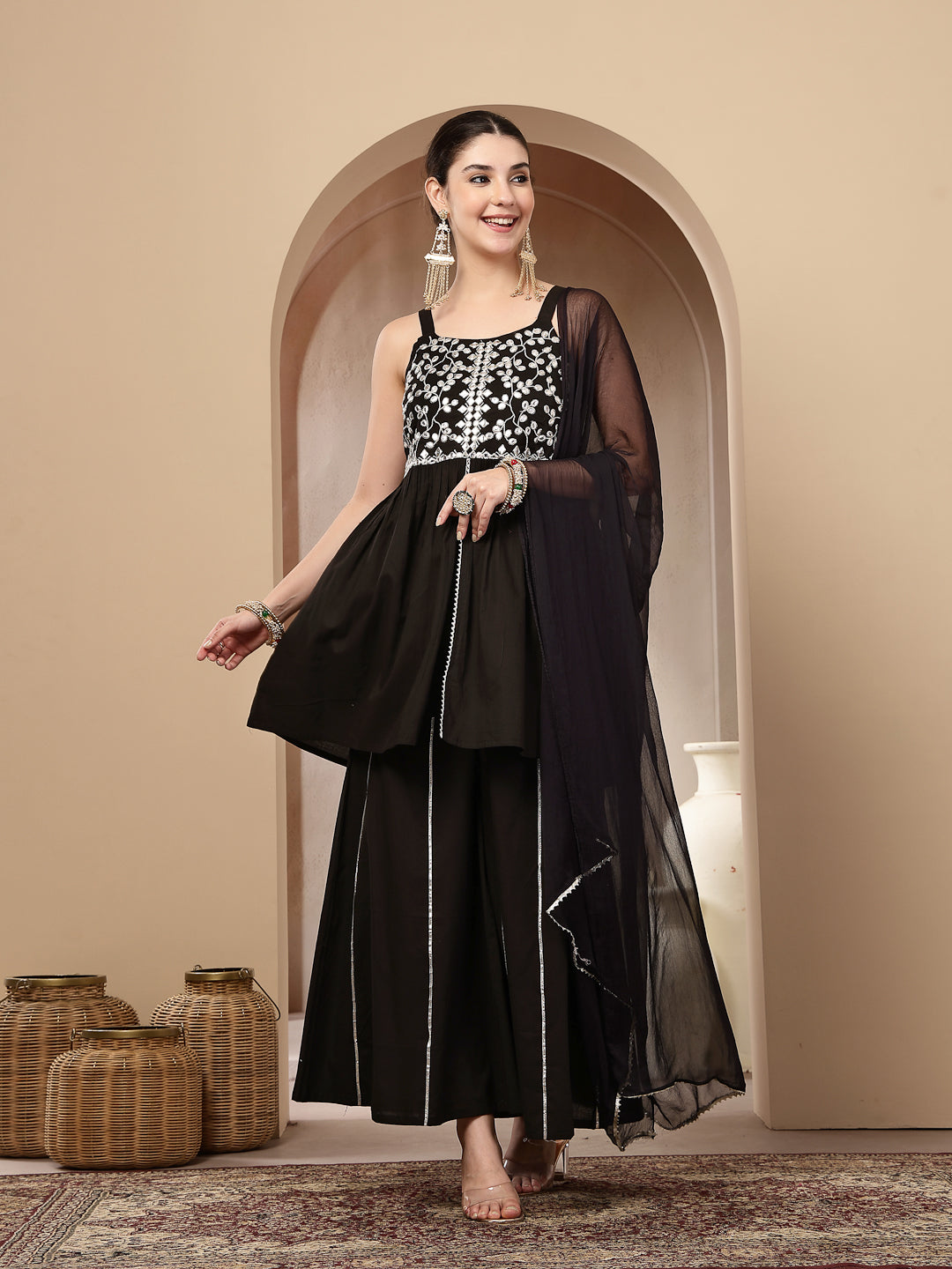 Women's Black Solid & Embroidered Rayon Short Kurti Sharara Dupatta Se