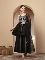 Stylum Women's Black Solid & Embroidered Rayon Short Kurti Sharara Dupatta Set (KSDBLACKSOLO)