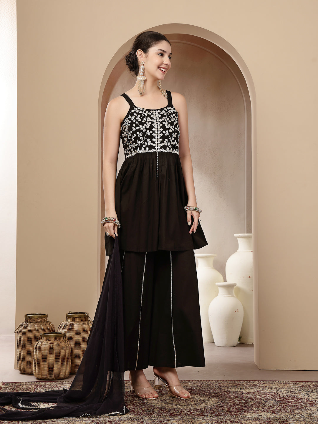 Women's Black Solid & Embroidered Rayon Short Kurti Sharara Dupatta Se