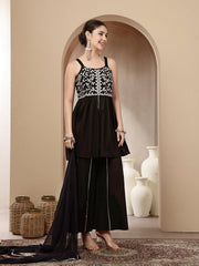 Stylum Women's Black Solid & Embroidered Rayon Short Kurti Sharara Dupatta Set (KSDBLACKSOLO)