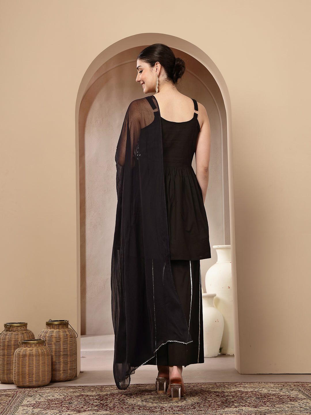 Women's Black Solid & Embroidered Rayon Short Kurti Sharara Dupatta Se