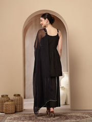 Stylum Women's Black Solid & Embroidered Rayon Short Kurti Sharara Dupatta Set (KSDBLACKSOLO)