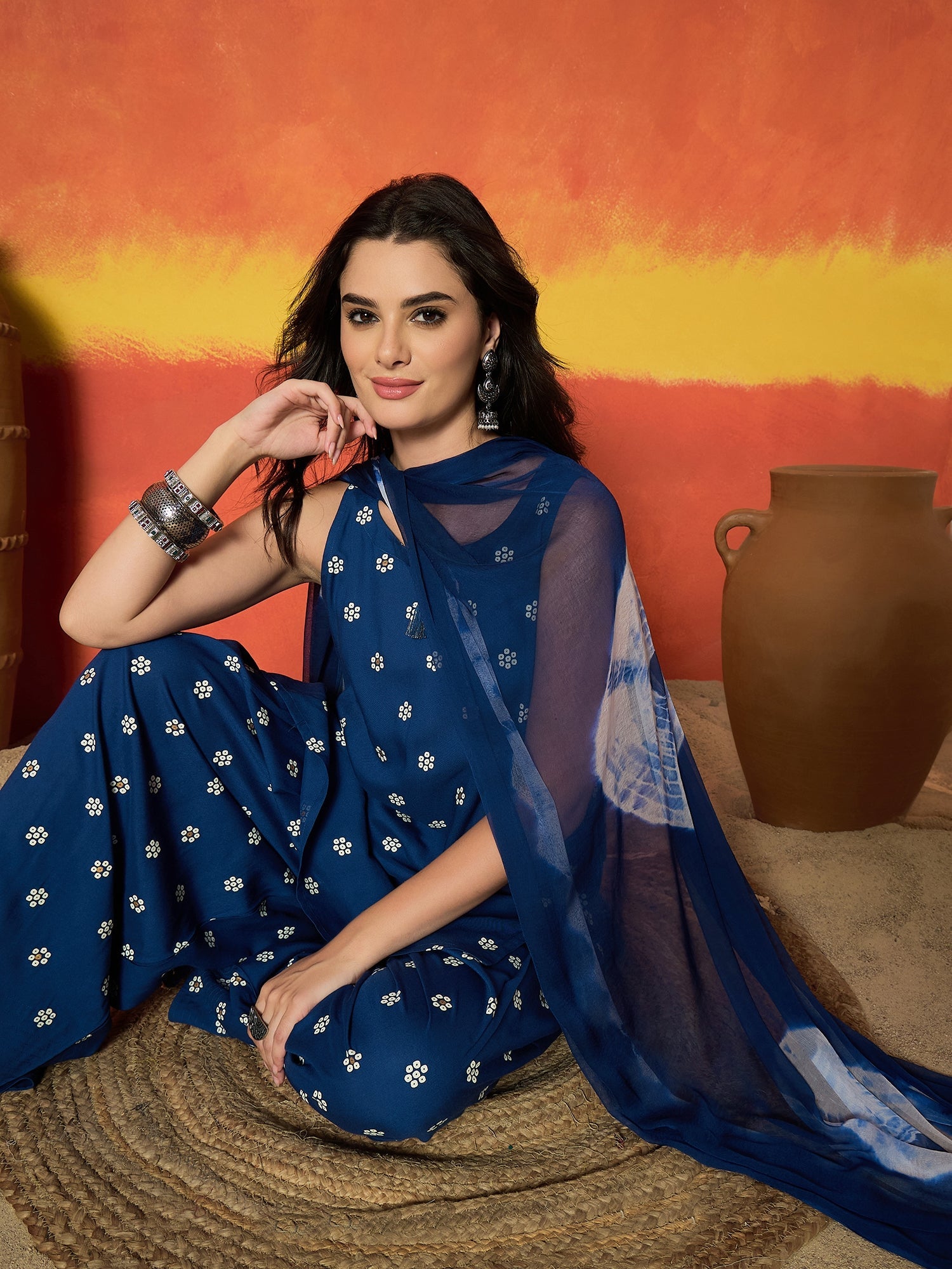 Women's Blue Floral Printed Rayon Straight Kurti Farshi Salwar Dupatta
