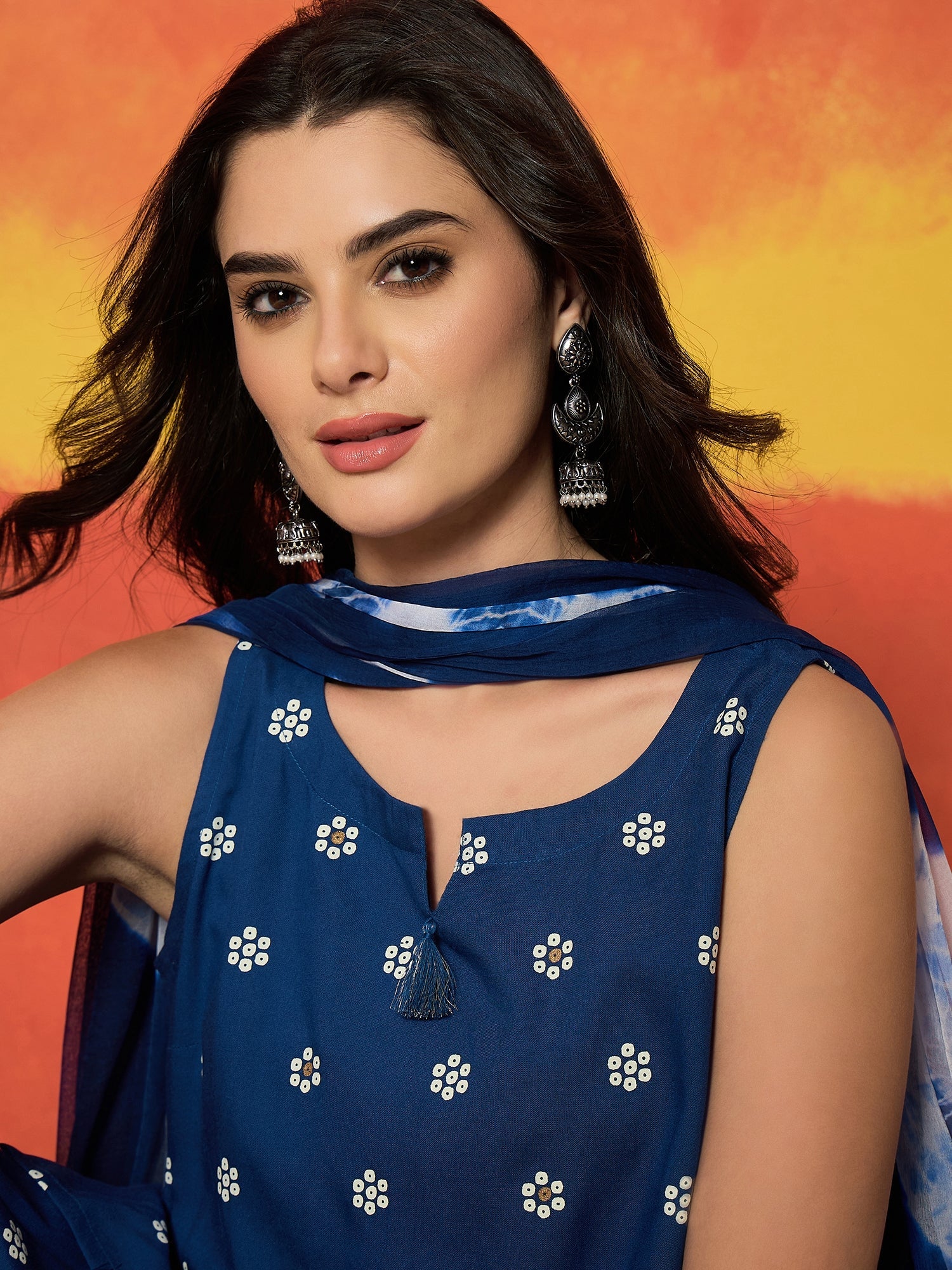 Women's Blue Floral Printed Rayon Straight Kurti Farshi Salwar Dupatta