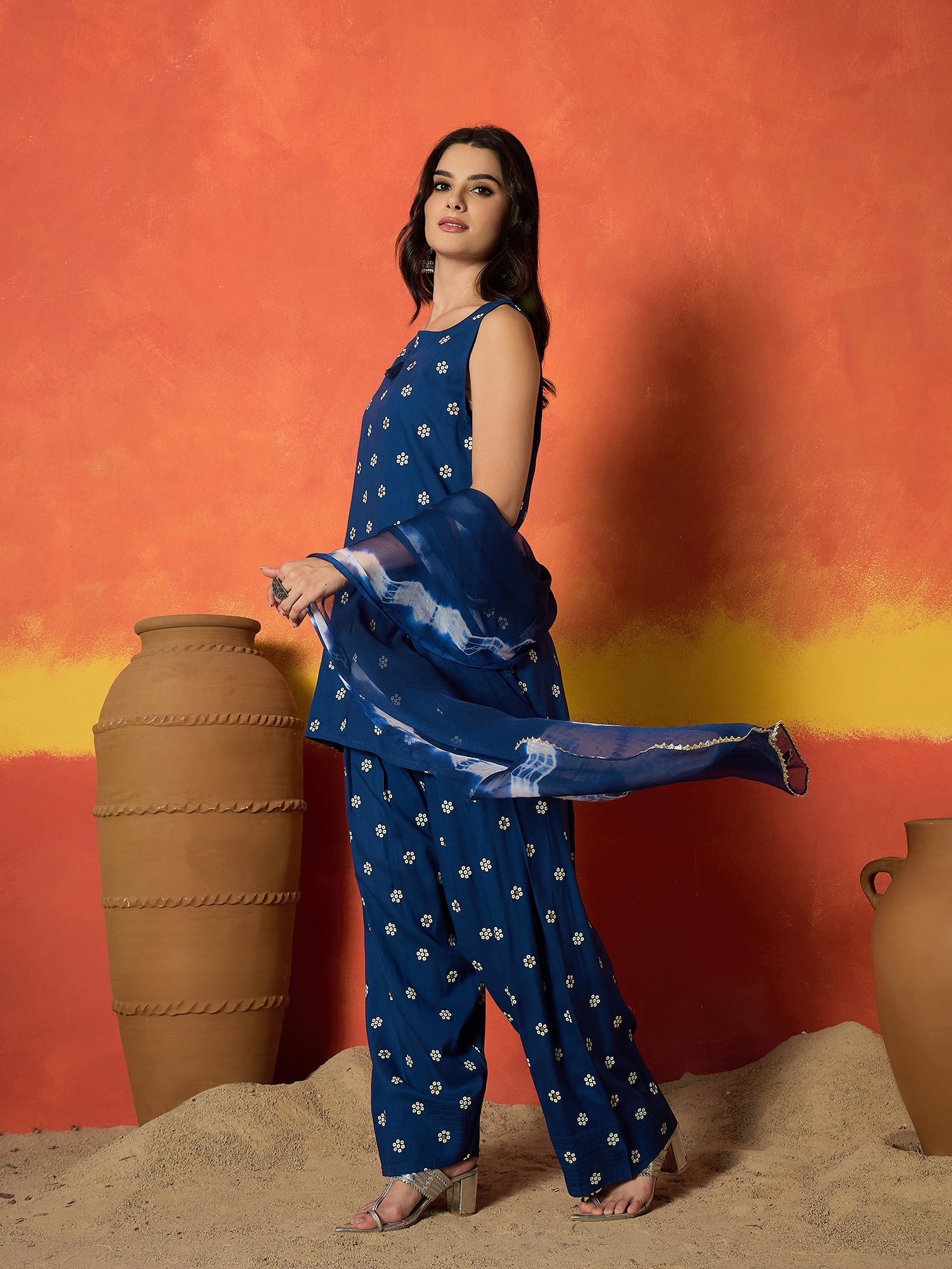 Women's Blue Floral Printed Rayon Straight Kurti Farshi Salwar Dupatta