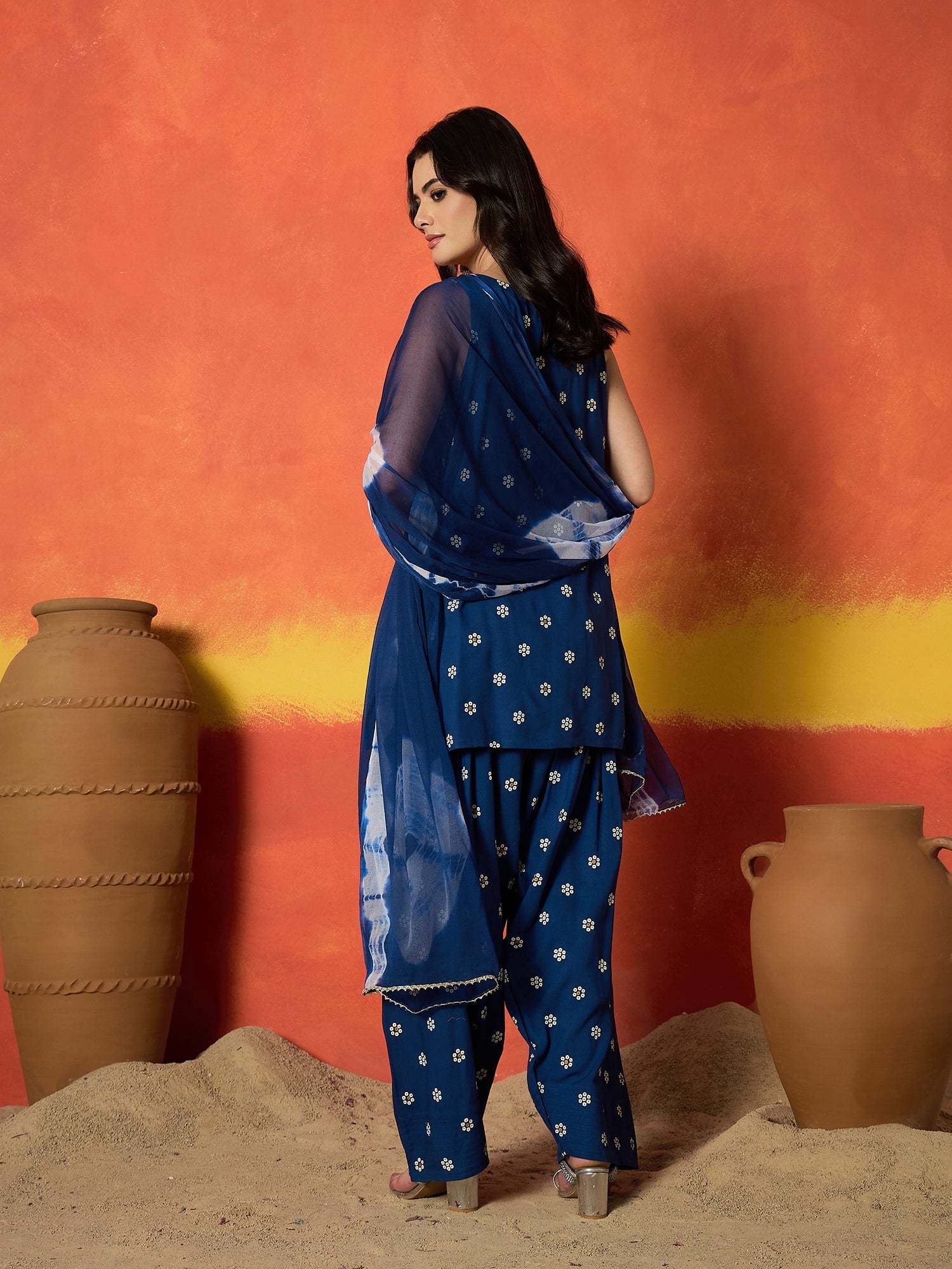 Women's Blue Floral Printed Rayon Straight Kurti Farshi Salwar Dupatta