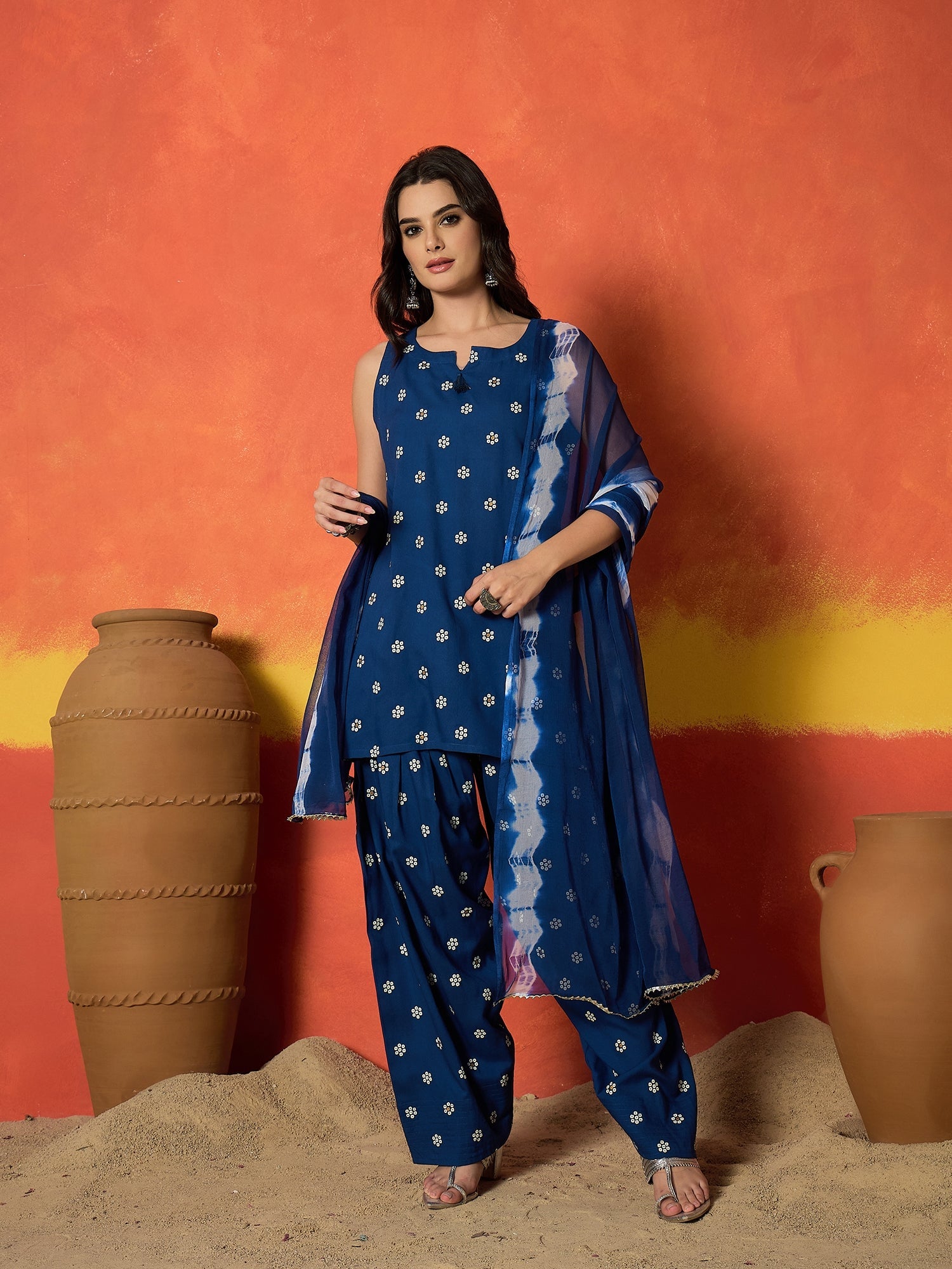 Women's Blue Floral Printed Rayon Straight Kurti Farshi Salwar Dupatta