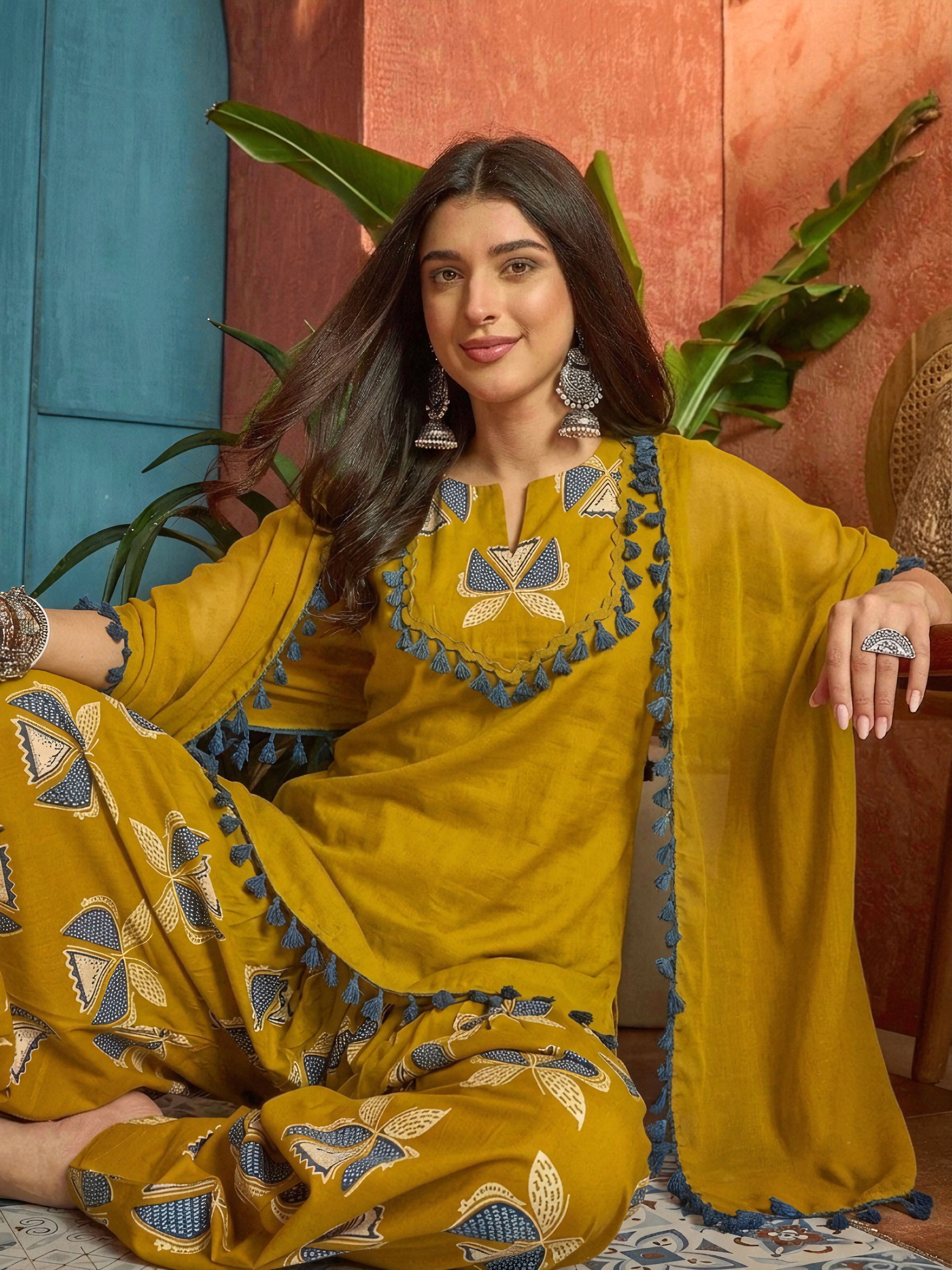Women's Corn Solid Cotton Straight Kurti Farshi Salwar Dupatta Set (KS