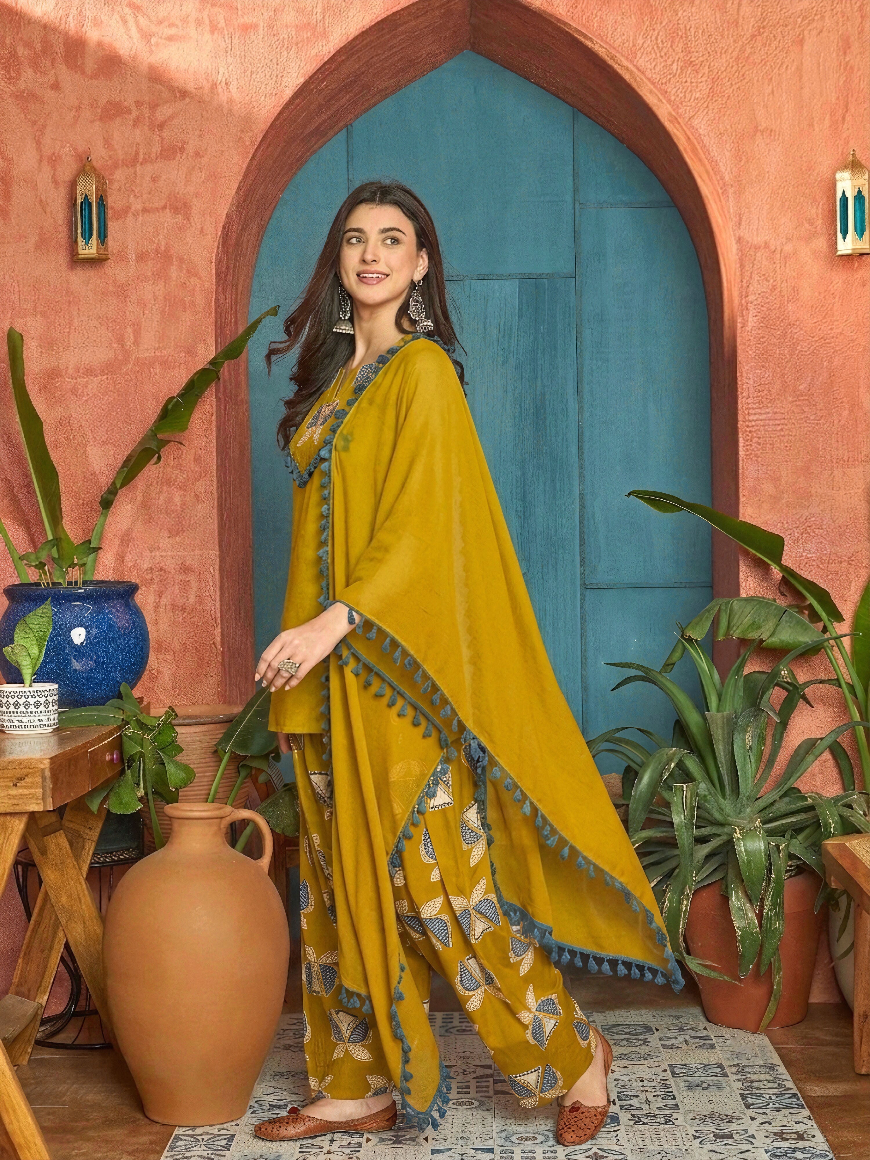 Women's Corn Solid Cotton Straight Kurti Farshi Salwar Dupatta Set (KS