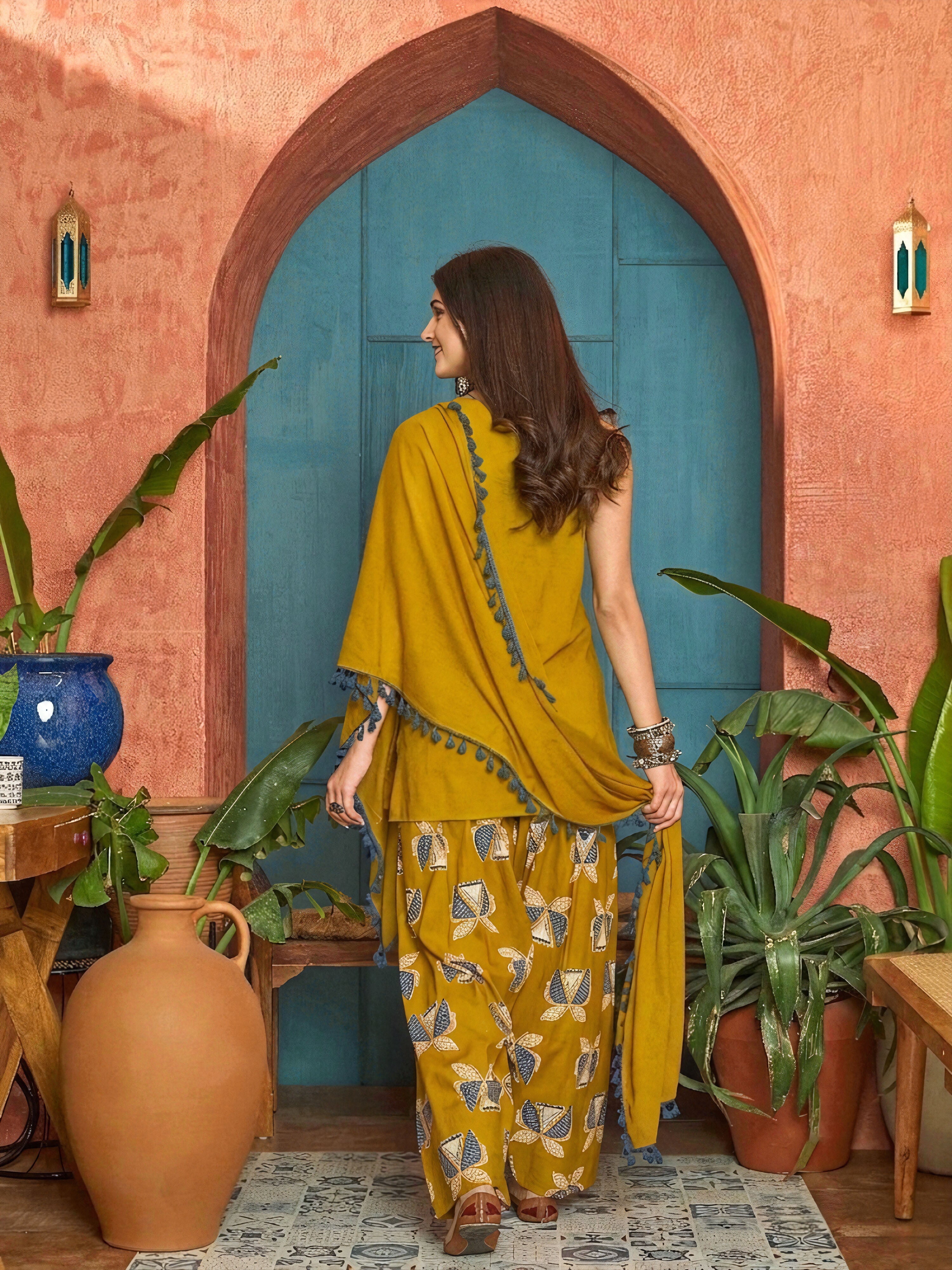 Women's Corn Solid Cotton Straight Kurti Farshi Salwar Dupatta Set (KS