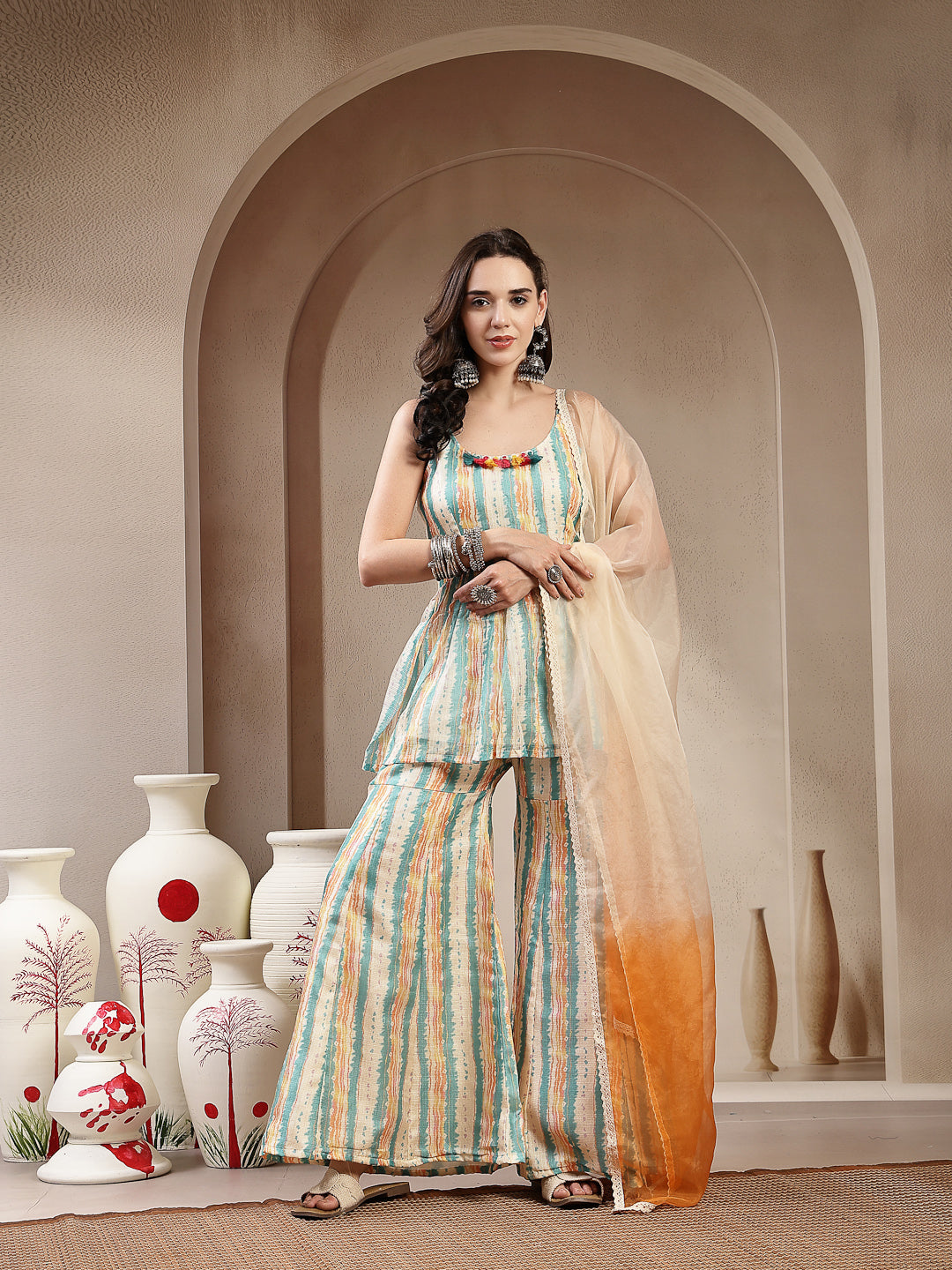 Women's Cream Leheriya Printed Kota Doria Short Kurti Sharara Dupatta 