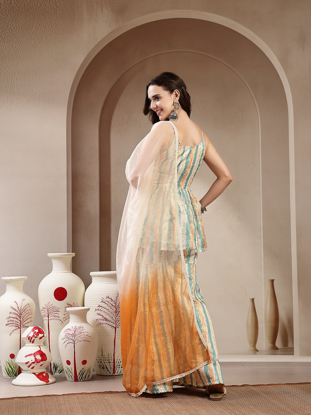 Women's Cream Leheriya Printed Kota Doria Short Kurti Sharara Dupatta 