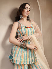 Stylum Women's Cream Leheriya Printed Kota Doria Short Kurti Sharara Dupatta Set (KSDCREAMNEENA)