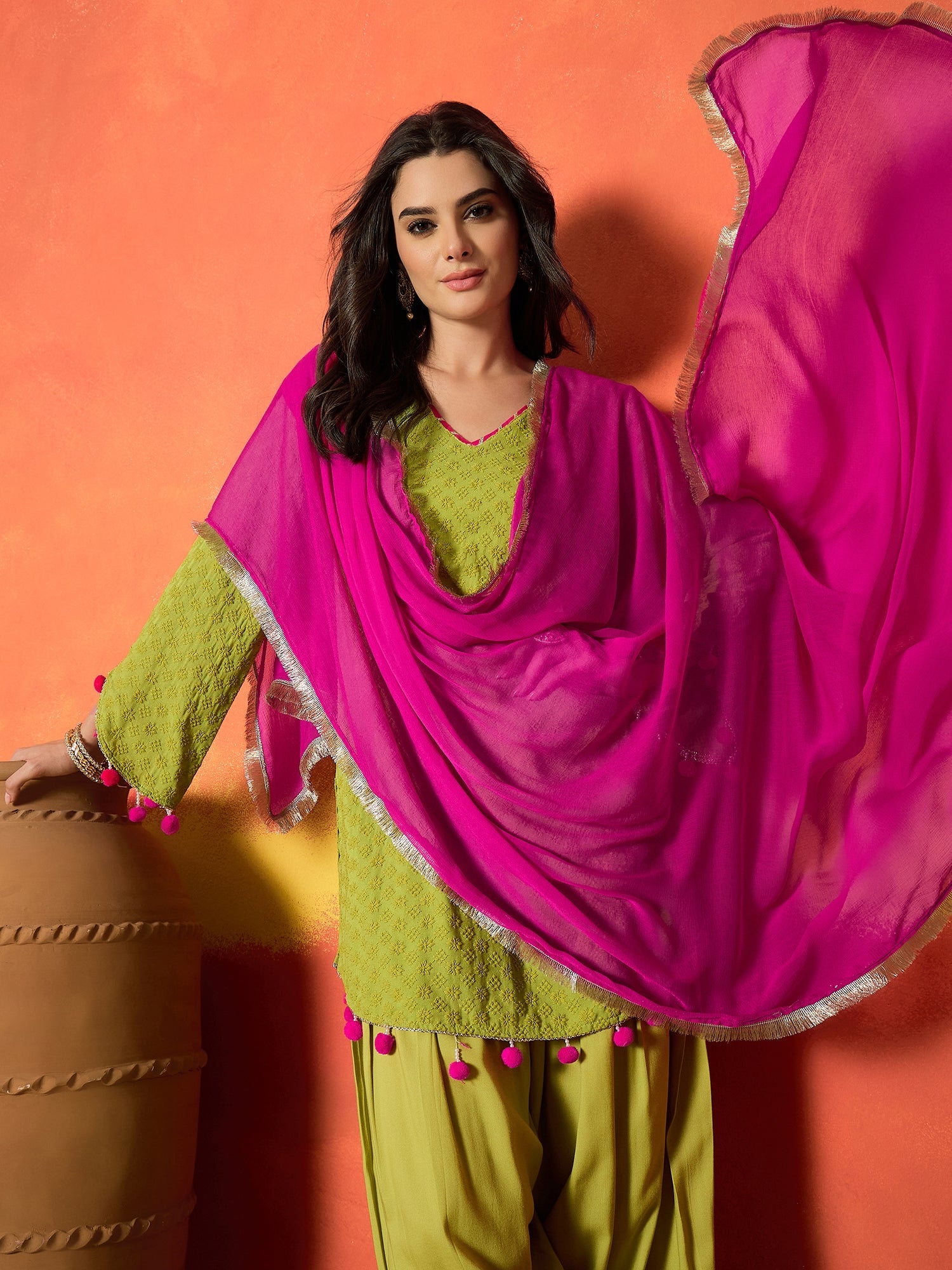 Women's Green Chikankari Rayon A-Line Kurti Farshi Salwar With Dupatta