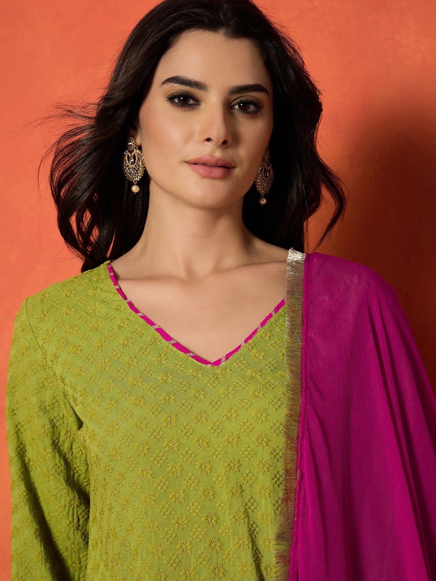 Women's Green Chikankari Rayon A-Line Kurti Farshi Salwar With Dupatta