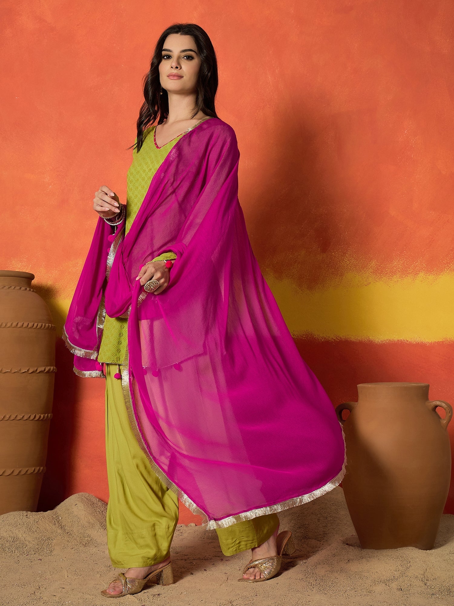 Women's Green Chikankari Rayon A-Line Kurti Farshi Salwar With Dupatta