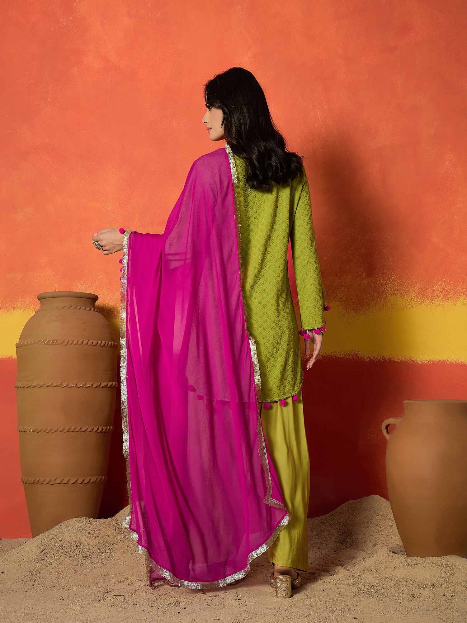 Women's Green Chikankari Rayon A-Line Kurti Farshi Salwar With Dupatta
