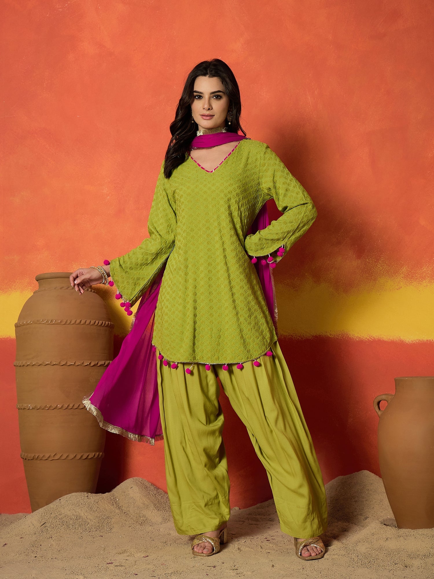 Women's Green Chikankari Rayon A-Line Kurti Farshi Salwar With Dupatta