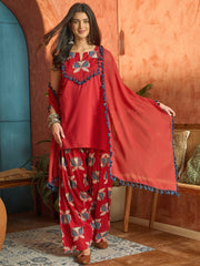 Stylum Women's Red Solid Cotton Straight Kurti Parshi Salwar Dupatta Set (KSDREDJUREL)