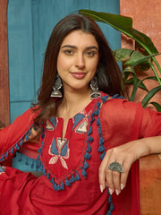 Stylum Women's Red Solid Cotton Straight Kurti Parshi Salwar Dupatta Set (KSDREDJUREL)
