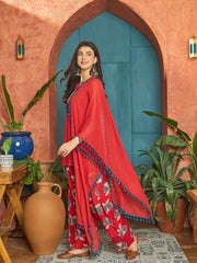Stylum Women's Red Solid Cotton Straight Kurti Parshi Salwar Dupatta Set (KSDREDJUREL)