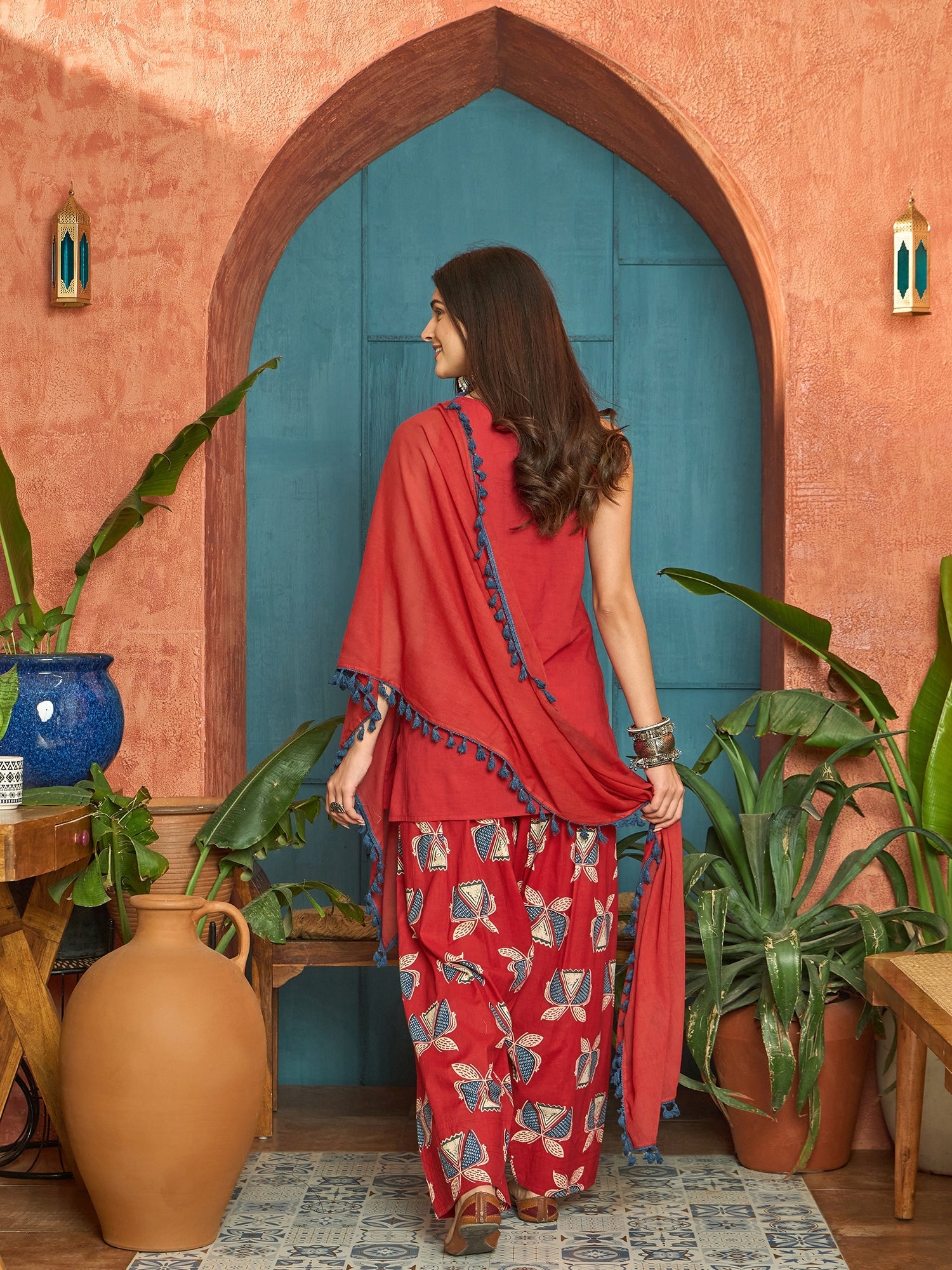 Women's Red Solid Cotton Straight Kurti Parshi Salwar Dupatta Set (KSD