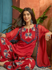 Stylum Women's Red Solid Cotton Straight Kurti Parshi Salwar Dupatta Set (KSDREDJUREL)