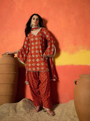 Stylum Women's Rust Gold Printed Rayon A-Line Kurti Farshi Salwar With Dupatta Set (KSDRUSTWEDANI)
