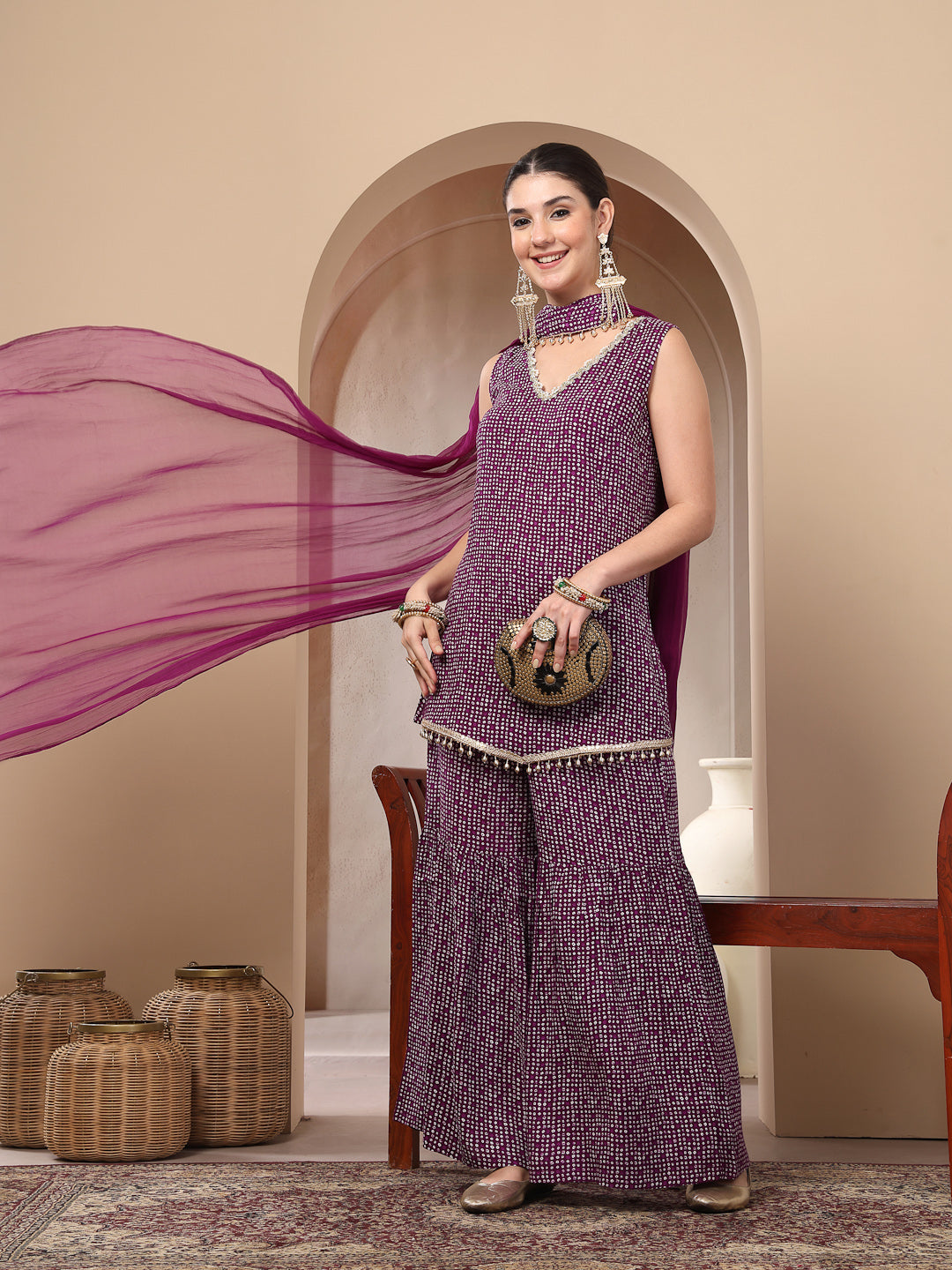 Women's Violet Bandhej Printed Rayon Asymmetric Short Kurti Sharara Du