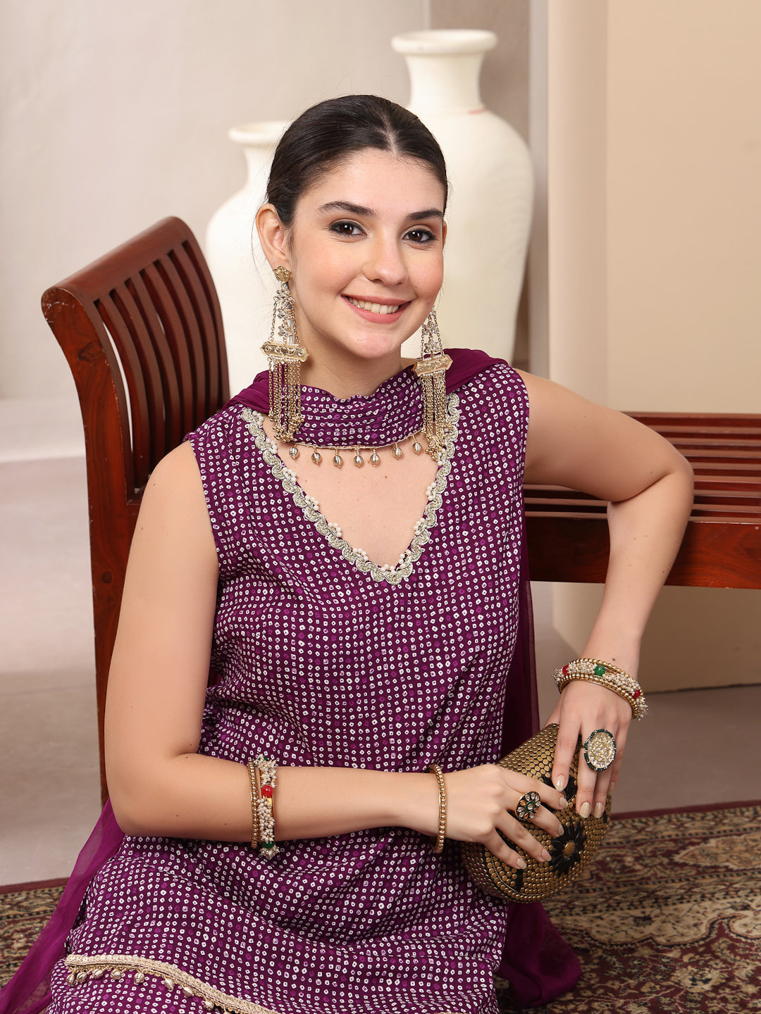 Women's Violet Bandhej Printed Rayon Asymmetric Short Kurti Sharara Du