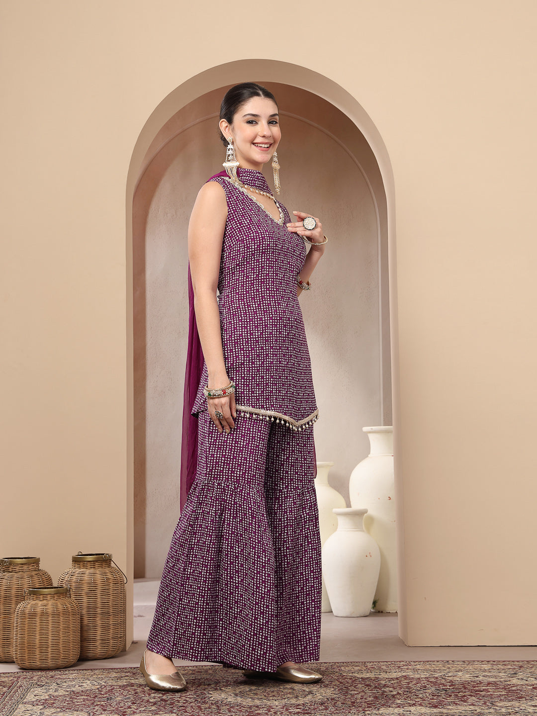 Women's Violet Bandhej Printed Rayon Asymmetric Short Kurti Sharara Du