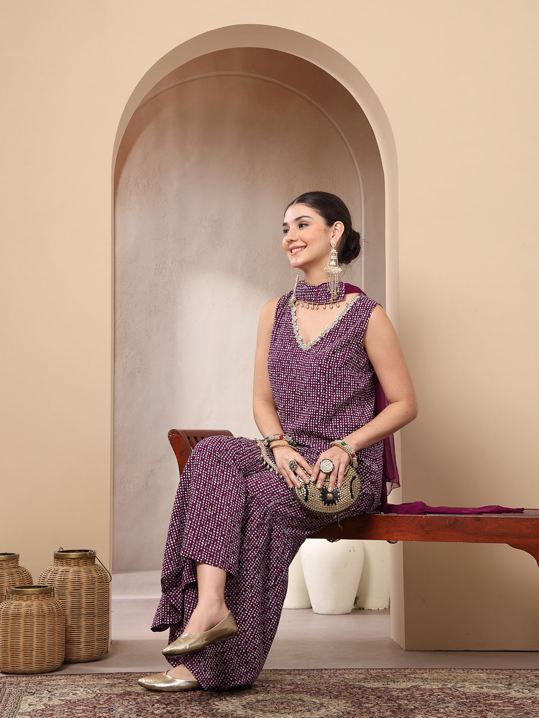Women's Violet Bandhej Printed Rayon Asymmetric Short Kurti Sharara Du