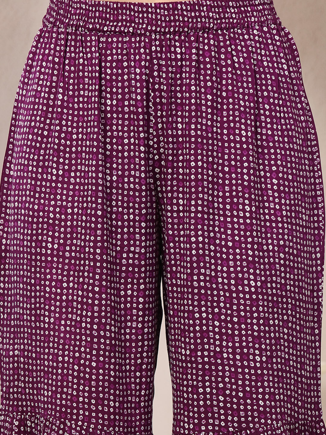 Women's Violet Bandhej Printed Rayon Asymmetric Short Kurti Sharara Du