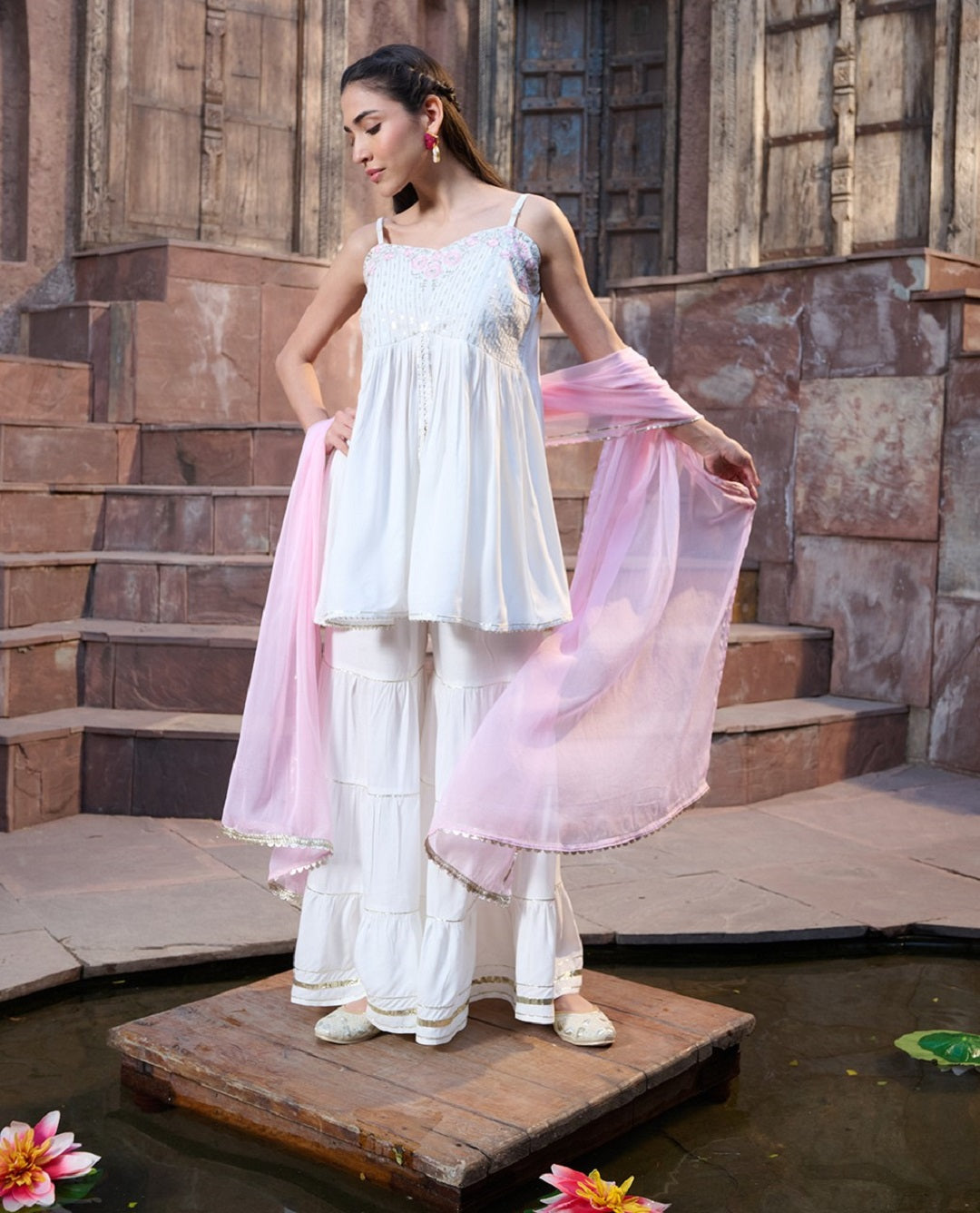 Women's White Solid & Embroidered Rayon Short Kurti Sharara Dupatta Se