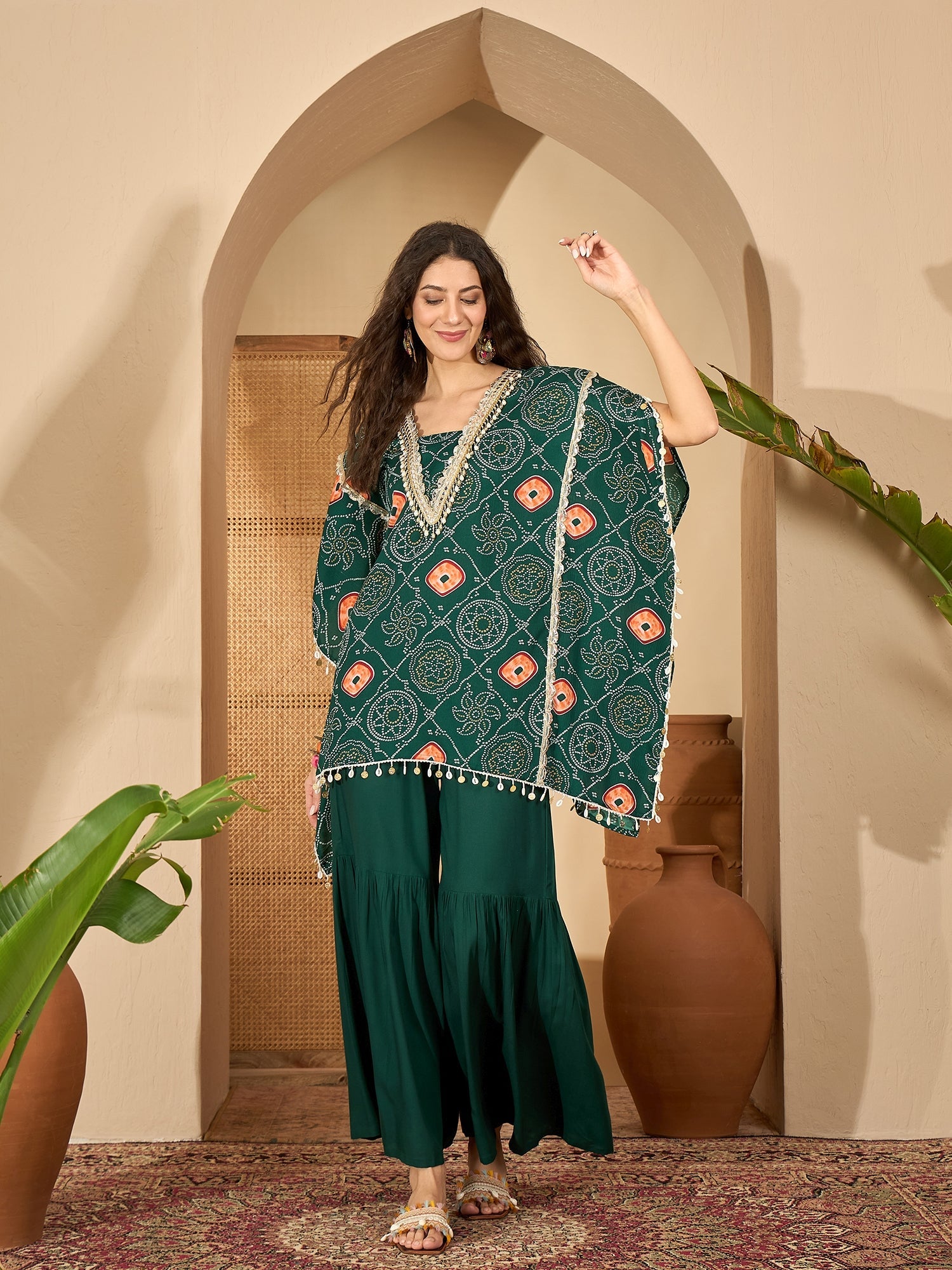 Women's Green Bandhej Printed Crepe Kaftan Sharara Set (KSGREENSANDHYA