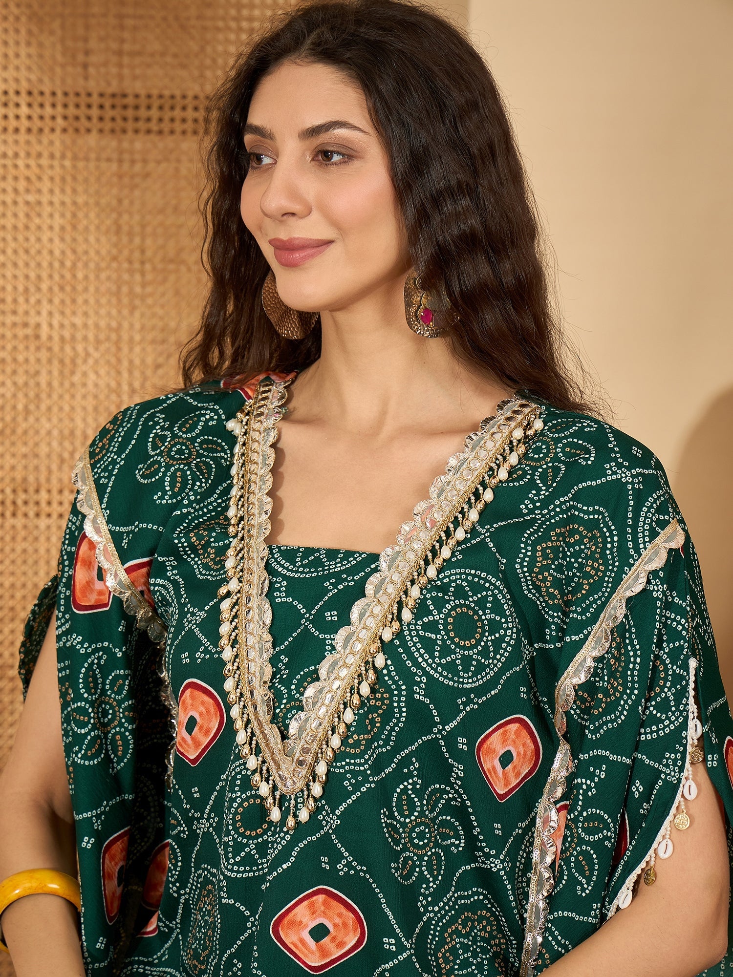 Women's Green Bandhej Printed Crepe Kaftan Sharara Set (KSGREENSANDHYA