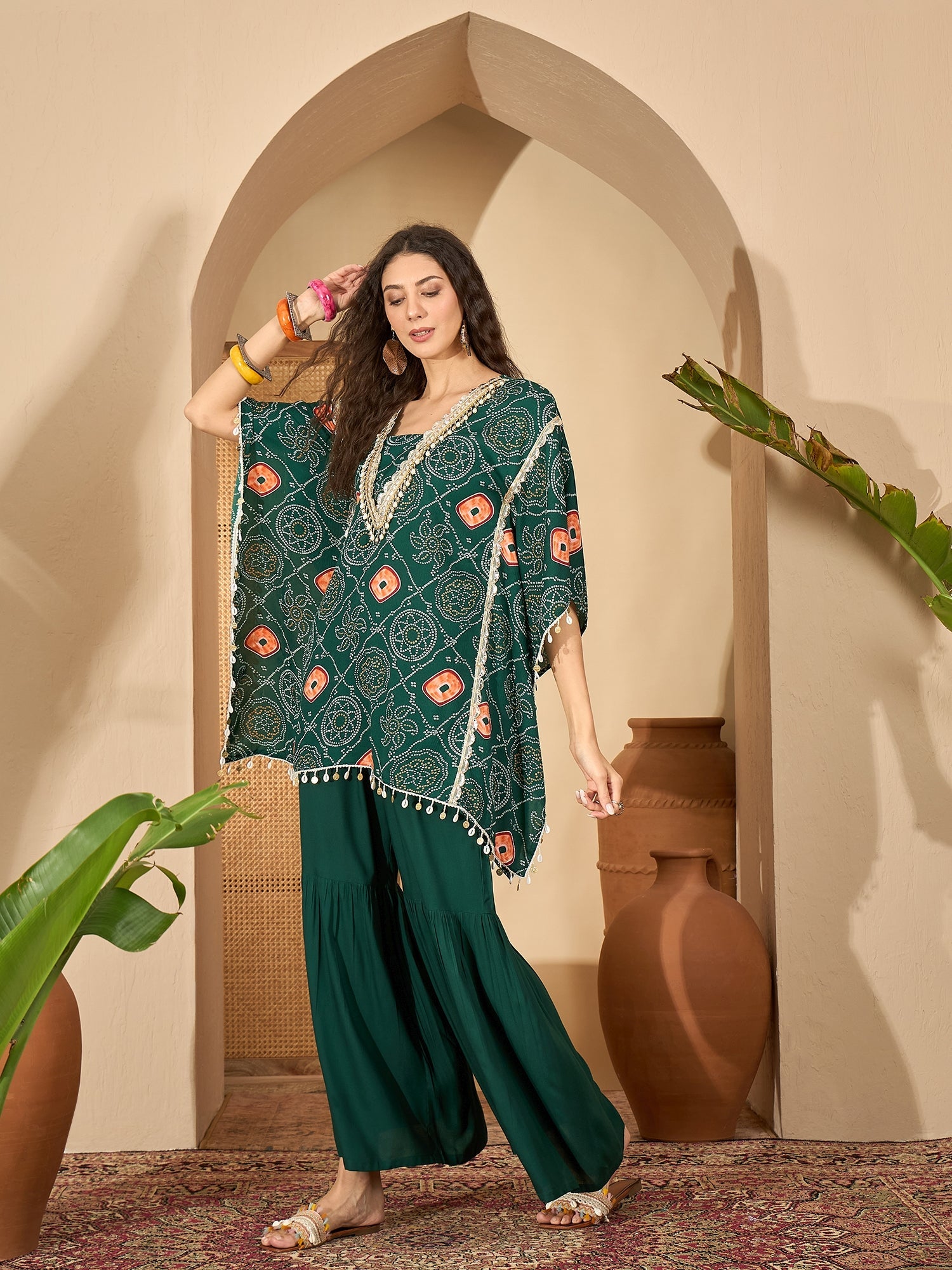 Women's Green Bandhej Printed Crepe Kaftan Sharara Set (KSGREENSANDHYA