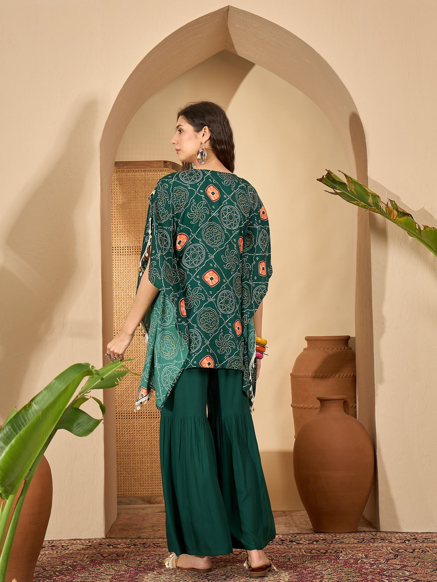 Women's Green Bandhej Printed Crepe Kaftan Sharara Set (KSGREENSANDHYA