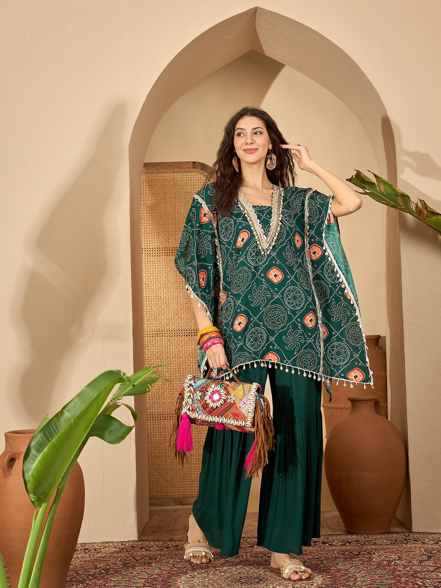Women's Green Bandhej Printed Crepe Kaftan Sharara Set (KSGREENSANDHYA