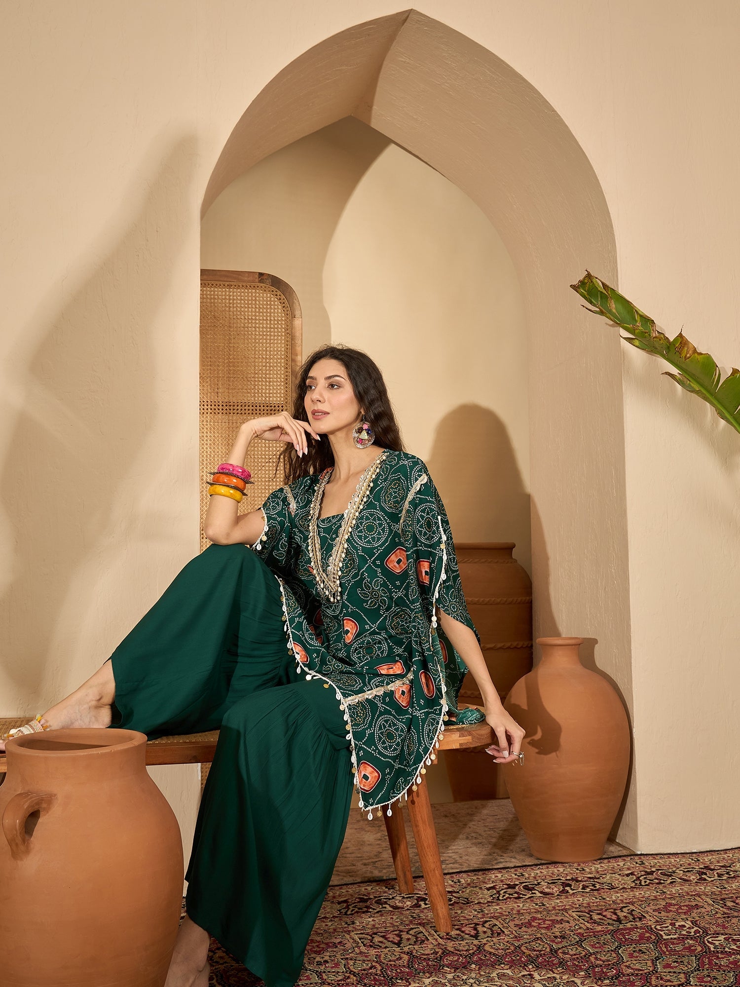 Women's Green Bandhej Printed Crepe Kaftan Sharara Set (KSGREENSANDHYA