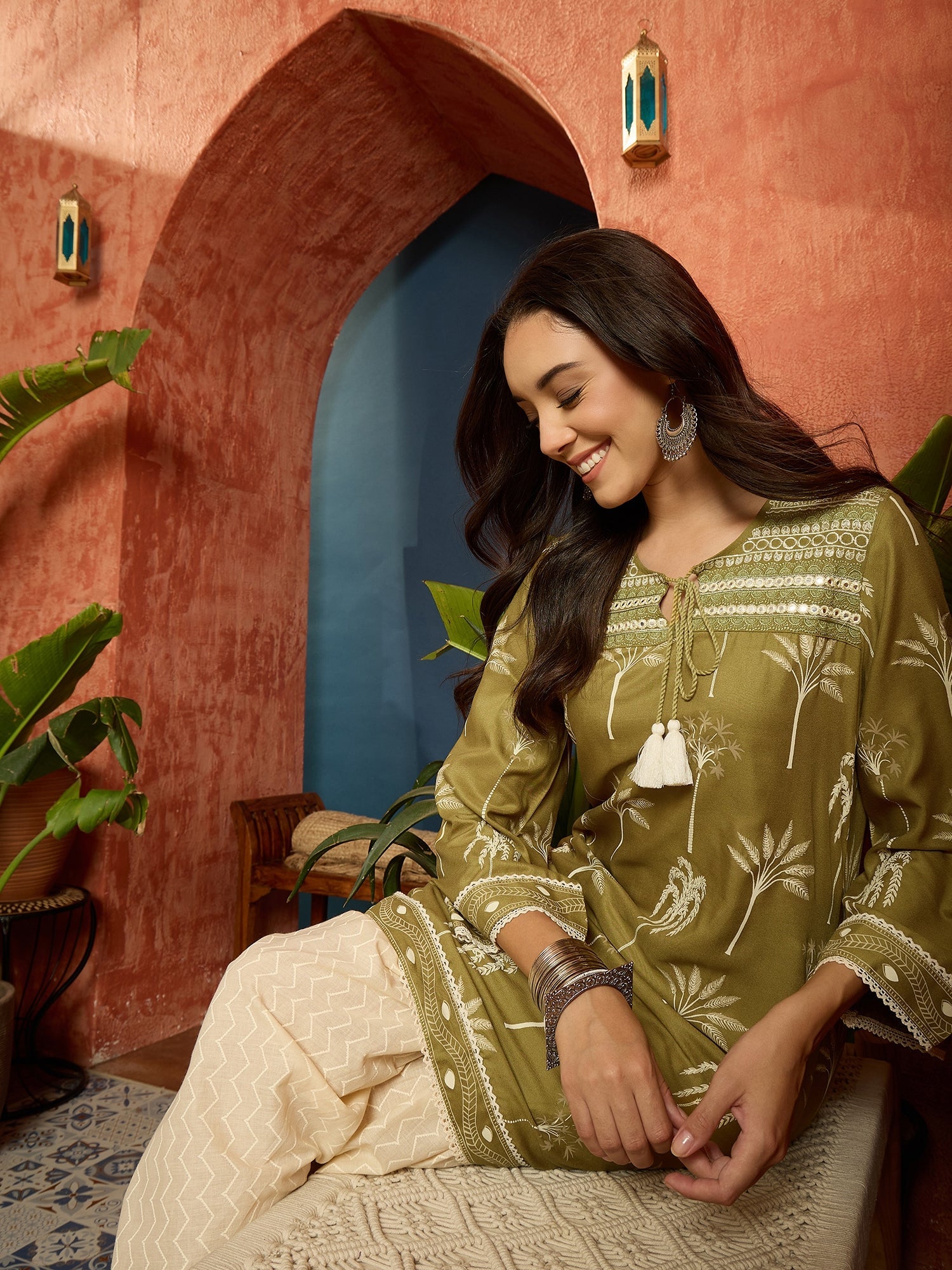 Women's Green Palm Tree Printed Rayon A-Line Kurti With Farshi Salwar 