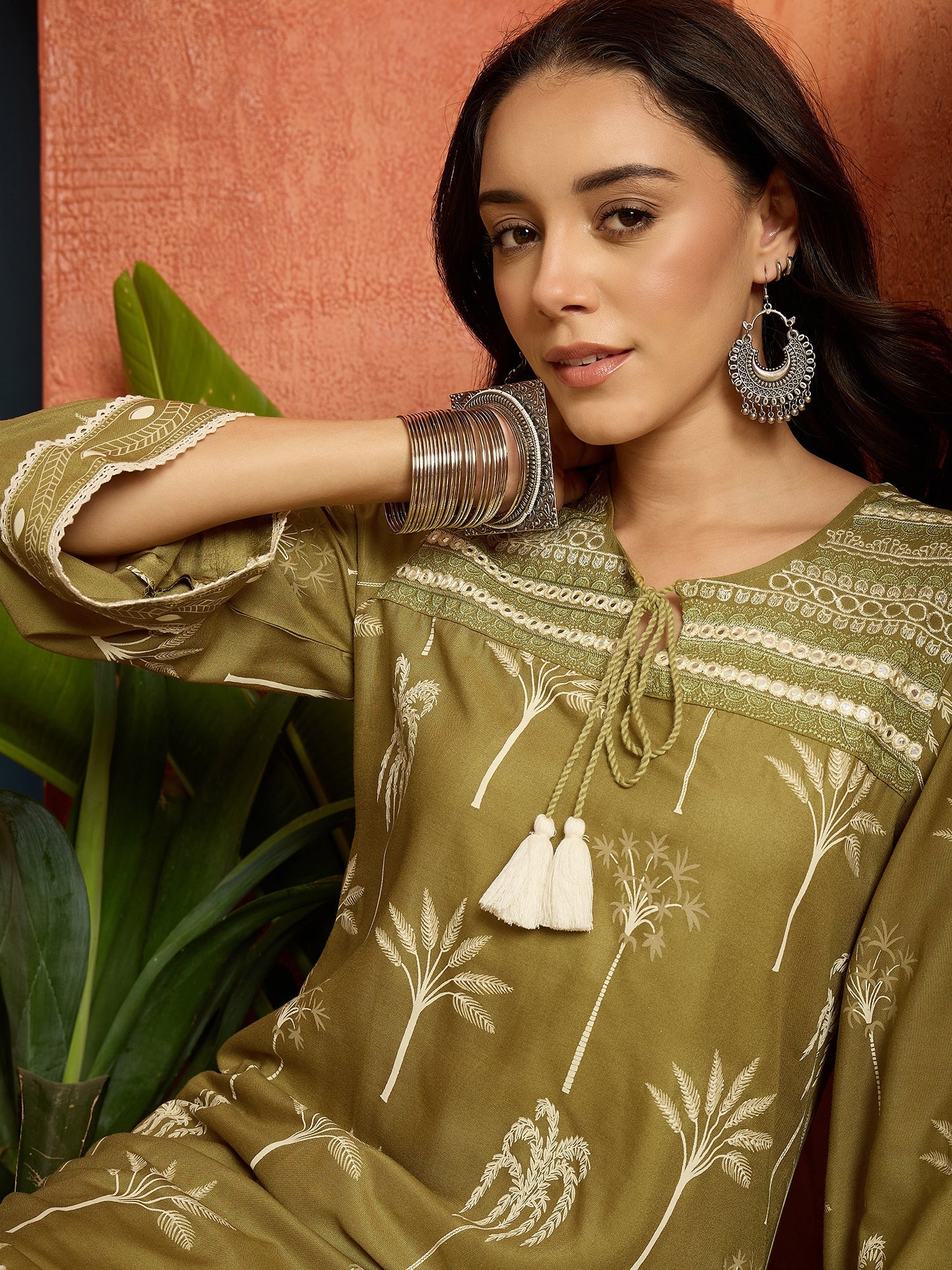 Women's Green Palm Tree Printed Rayon A-Line Kurti With Farshi Salwar 