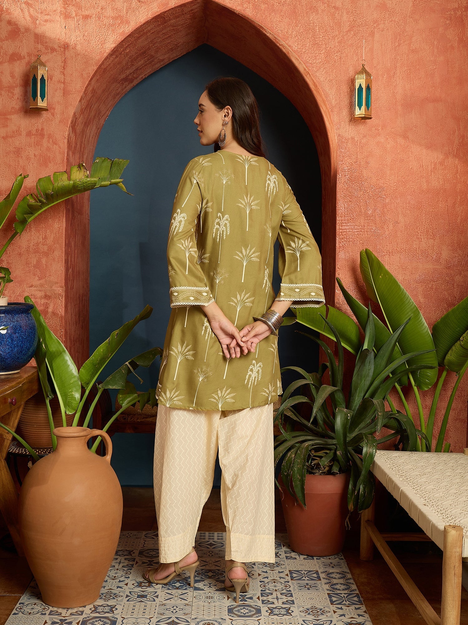 Women's Green Palm Tree Printed Rayon A-Line Kurti With Farshi Salwar 