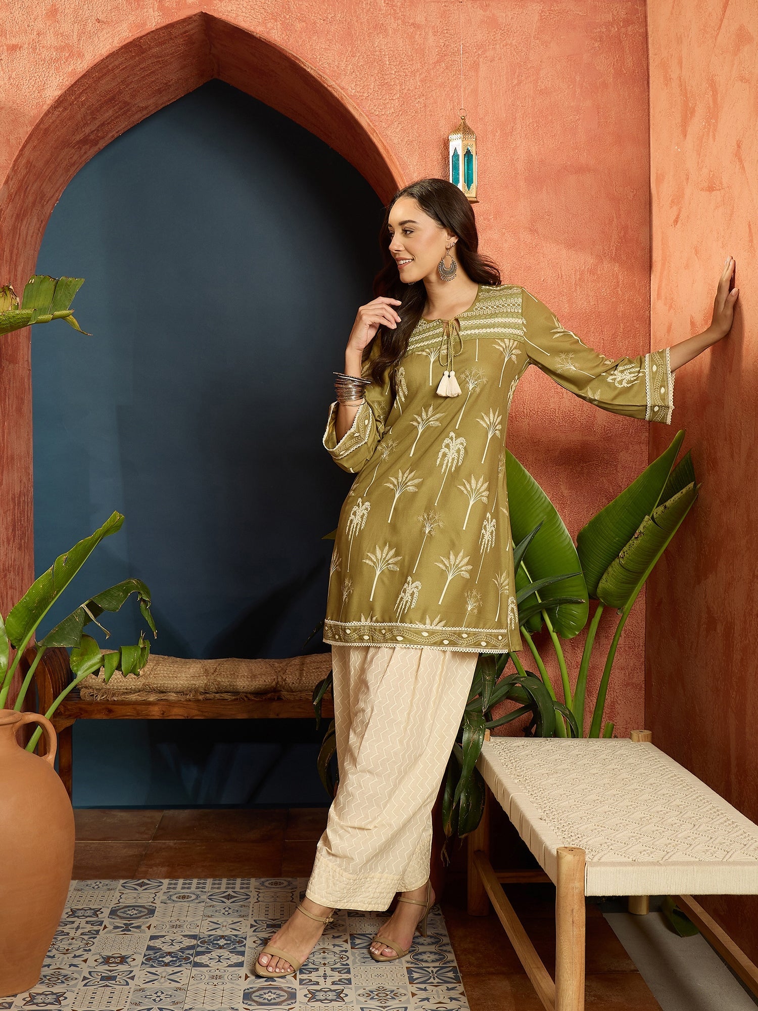Women's Green Palm Tree Printed Rayon A-Line Kurti With Farshi Salwar 