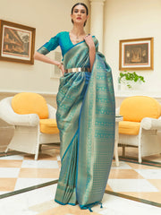 Women's Blend Navy Blue Woven Design Designer Saree With Blouse Piece-KSHIDA319005