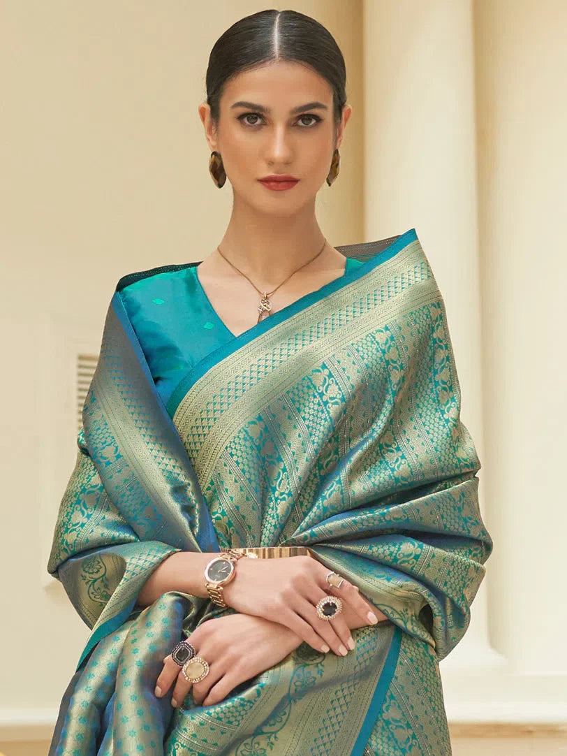 Women's Blend Navy Blue Woven Design Designer Saree With Blouse Piece-KSHIDA319005