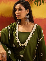 Stylum Women's Dark Green Bandhej Printed Rayon Kaftan Tube Top Sharara Set (KSOLIVEBUMNI)