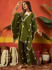 Stylum Women's Dark Green Bandhej Printed Rayon Kaftan Tube Top Sharara Set (KSOLIVEBUMNI)