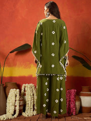 Stylum Women's Dark Green Bandhej Printed Rayon Kaftan Tube Top Sharara Set (KSOLIVEBUMNI)