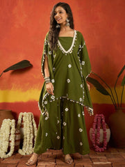 Stylum Women's Dark Green Bandhej Printed Rayon Kaftan Tube Top Sharara Set (KSOLIVEBUMNI)